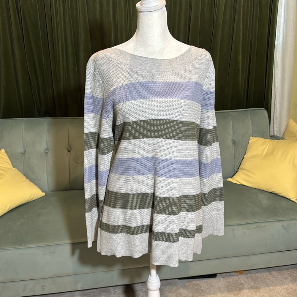 Market & Spruce Grey Sweater With Blue And Olive Stripes NWT